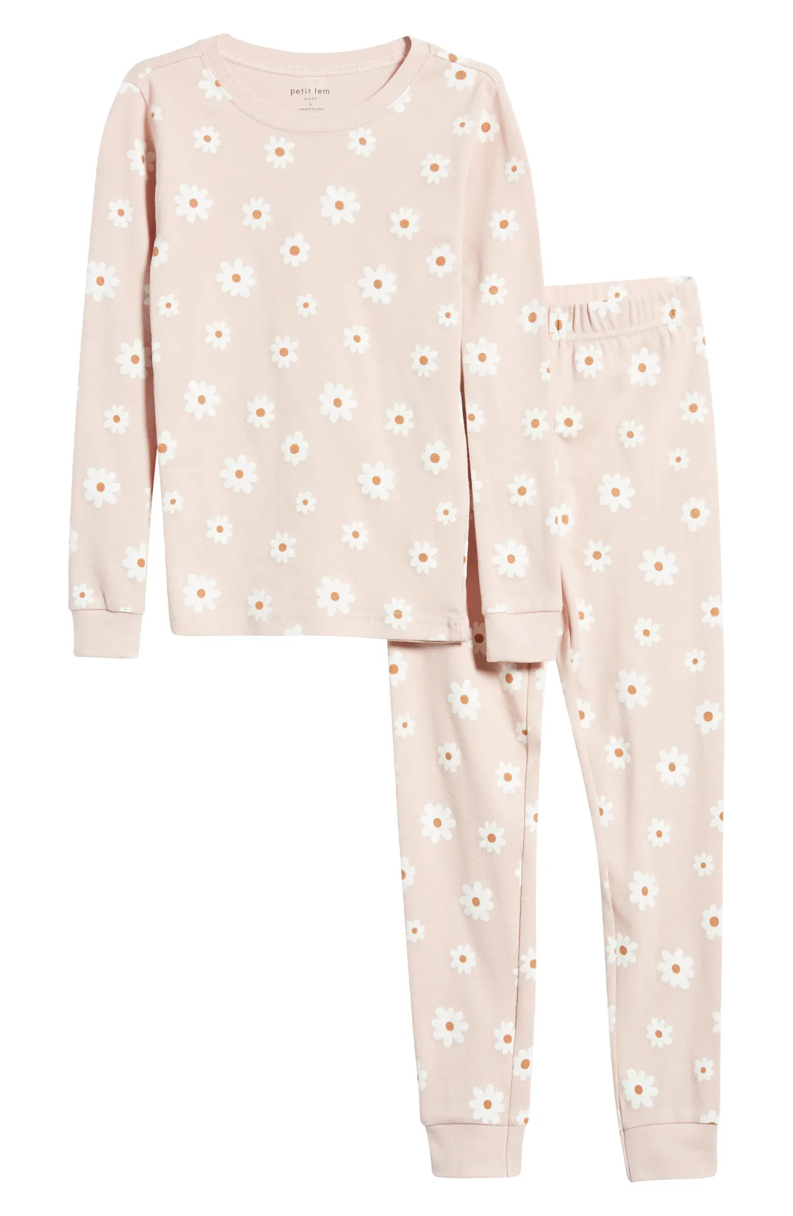 Kids' Glow in the Dark Daisy Print Fitted Organic Cotton Two-Piece Pajamas | Nordstrom