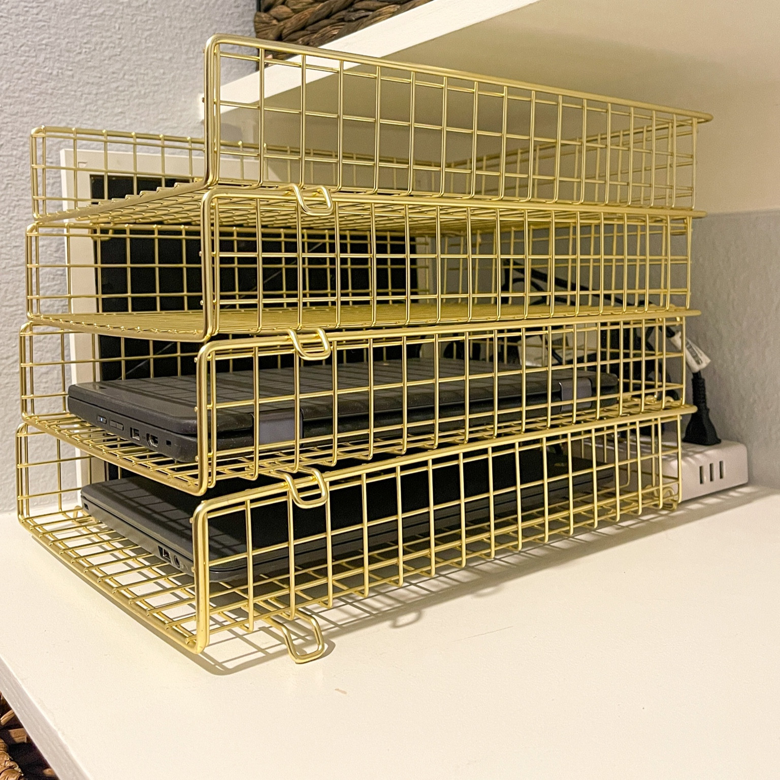 Another easy Back to School charging station. I use these stacking letter trays to charge my kid’s chromebooks after school. The cords easily slip through the grids, and the surge protector sits behind it. We use the top one for phones. 

#LTKfamily #LTKBacktoSchool #LTKhome