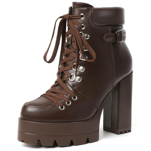 Susanny Women's Dark Brown Platform Ankle Block Boots Lace-Up High Chunky Heel Combat Comfortable Chocolate Booties with Side Zipper Buckle - Non-Slip Sole for Winter Work Party Casual Wear 9 | Amazon (US)
