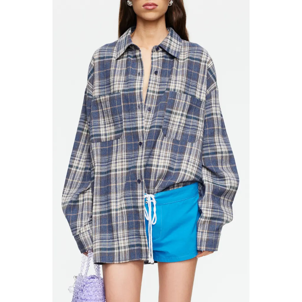 LIONESS Clarity Plaid Cotton Flannel Button-Up Shirt in Ash Plaid at Nordstrom, Size Medium | Nordstrom