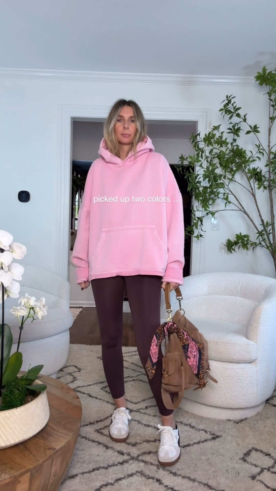 THIS SWEATSHIRT IS SO KILLER! boxy. super oversized. my teens face lit up when see saw it. guys, what can i say…it’s really effin cool! 

SWEATSHIRT - wearing the small. just go down to the xs if you don’t want it as oversized as i have it. i cuffed and rolled the sleeves as they are long, but does not bother me. i would do that anyways! 👌 

BROWN LEGGINGS - wearing the small. my aerie woolly hat inspired this color combo and i bloody love it!! 

PINK/BROWN HAT - as i said, it inspired this whole look. love it! 

BROWN BAG - obsessed. couldn’t love it more. so frickin cool and effortless. brown suede. leather handle. highly recommend! 

LEOPARD SCARF - digging this scarf on my bag. adds a cool pop of personality and style! 

BROWN CAP - target! such a great find, color is superb! 

GREEN CORDUROY CAP - found this at aerie over the summer. it’s sold out…BUT, linked similar. the ralph lauren one is actually way cooler than mine! 

BLACK LEGGINGS - wearing size small. super soft, stretchy and comfy!

ADIDAS SNEAKS - standard color combo that goes with everything! love ’em! 

weekend style. comfy style. effortless style. oversized sweatshirt. 


#LTKOver40 #LTKActive #LTKgrwm