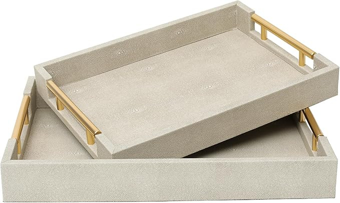 SwallowLiving Set of 2 Shagreen Serving Tray with Gold Polished Metal Handles Ivory Wood Decorati... | Amazon (US)