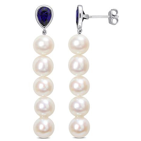 Sterling Silver Pearl and Created Blue Sapphire Dangle Earrings - 20624064 | HSN | HSN