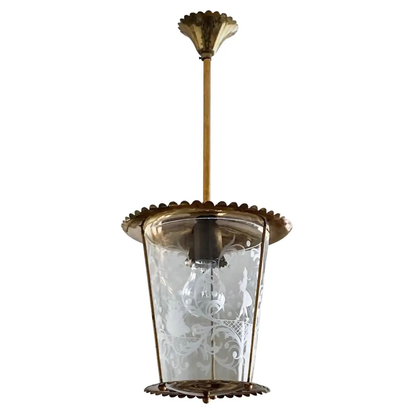 Vintage Fontana Arte Clear Etched Glass and Brass Lantern, Italy, 1950s | 1stDibs