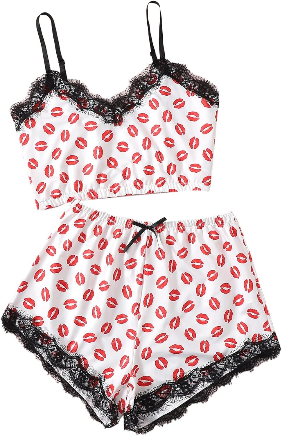 Milumia Women Cute Heart Print Eyelash Lace Pajamas Set Satin Cami Shorts PJs Sleepwear Nightwear | Amazon (US)