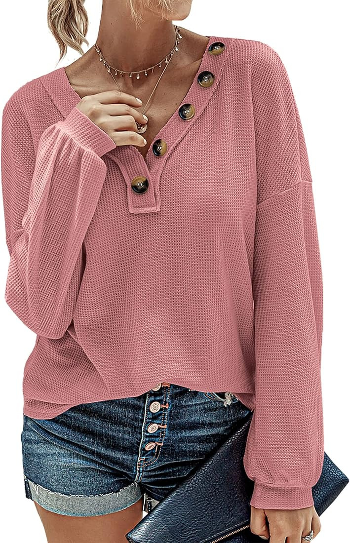 BTFBM Women Waffle Knit Shirts V-Neck Long Sleeve Casual Slouchy Loose Blouses Plain Faux Button ... | Amazon (US)