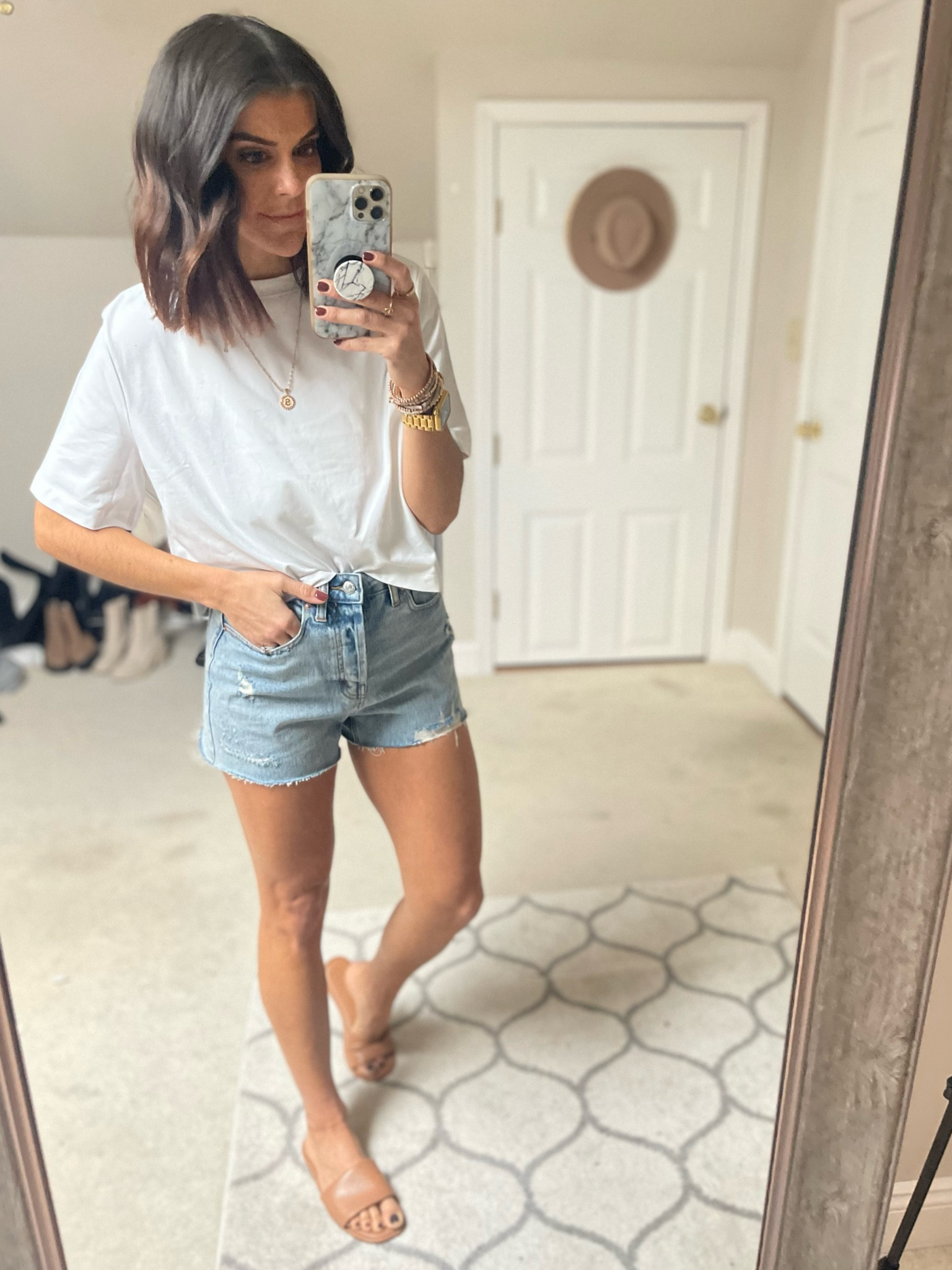 The best basic tee! Only $12 at Target! Size small
$18 jean shorts- sized up one to a 4
Size down a whole size in these slides 

#LTKunder50 #LTKstyletip #LTKSeasonal