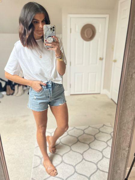 The best basic tee! Only $12 at Target! Size small
$18 jean shorts- sized up one to a 4
Size down a whole size in these slides 

#LTKunder50 #LTKstyletip #LTKSeasonal