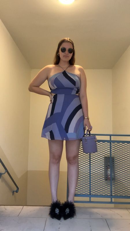 Purple geometric cut out mini dress, cocktail dress, spring / summer, party dress, black feather heels, purple purse / bag, rayban round sunglasses, gold jewelry from Amazon (hoop earrings, rings)

#LTKunder50 #LTKstyletip #LTKunder100