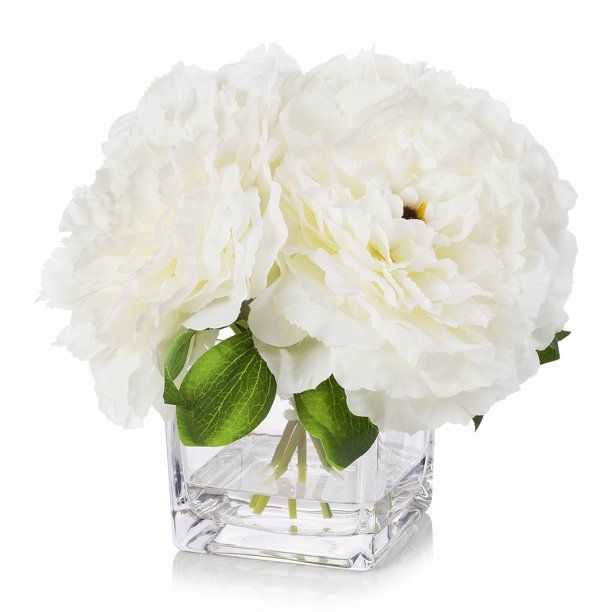 Enova Home Artificial Silk 4 Large Peony in Cube Glass Vase, Artificial Fake Flower Arrangement  ... | Walmart (US)