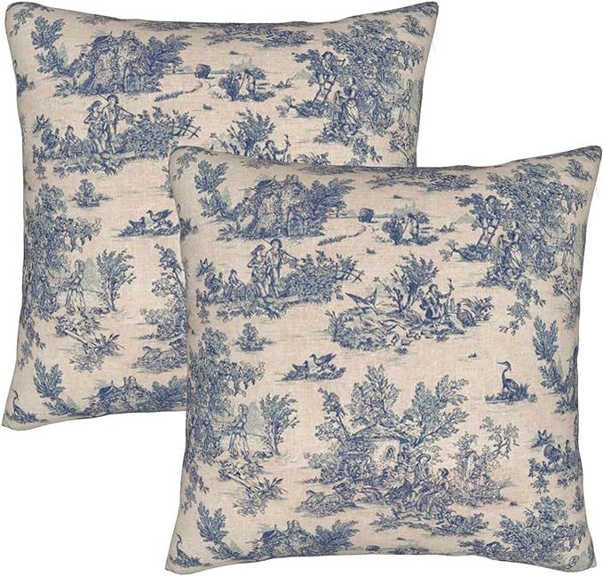 Worldwood Blue Toile De Jouy Country Throw Pillow Covers, French Vintage Square Cushion Case 2 Pa... | Amazon (US)