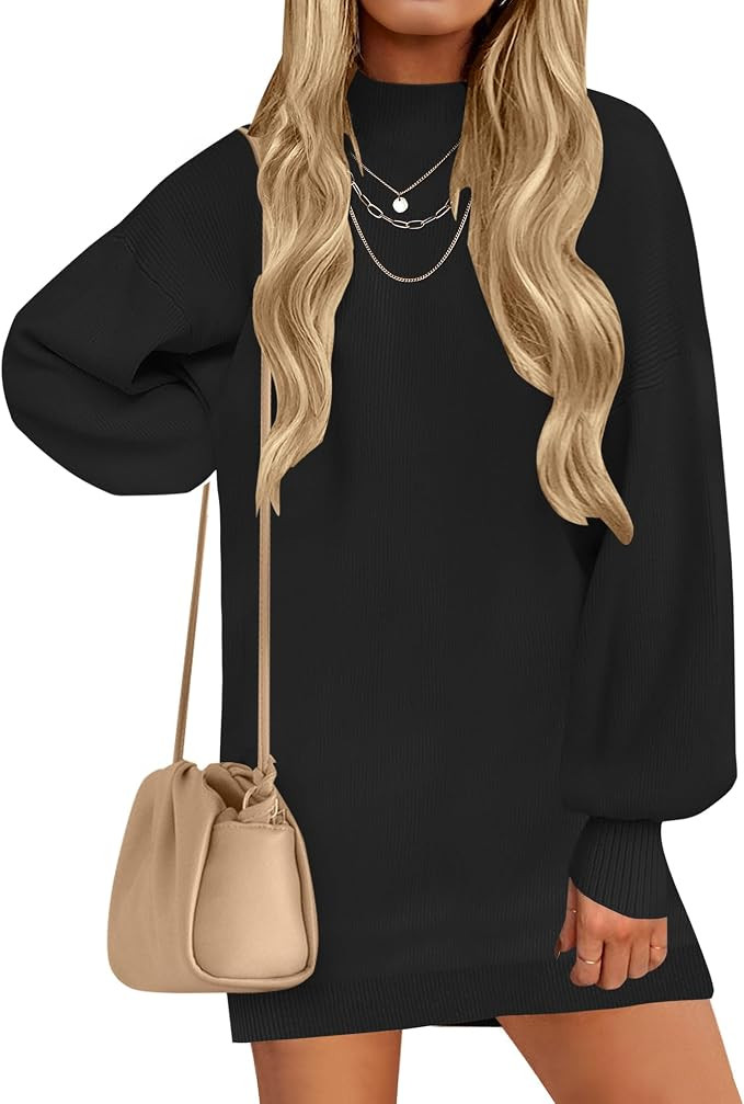 ZESICA Women's 2026 Spring Turtleneck Sweater Dress Oversized Long Lantern Sleeve Casual Knit Pul... | Amazon (US)