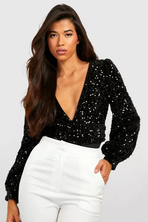 Tall Sequin Velvet Plunge Bodysuit | Boohoo.com (US & CA)