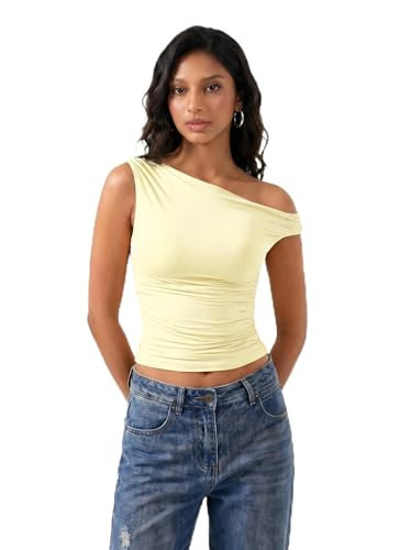 Going Out Tops Black Off The Shoulder for Women Double Layered Sleeveless Y2K Date Night Crop Tank Blouses Shirt(Yellow,L) | Amazon (US)