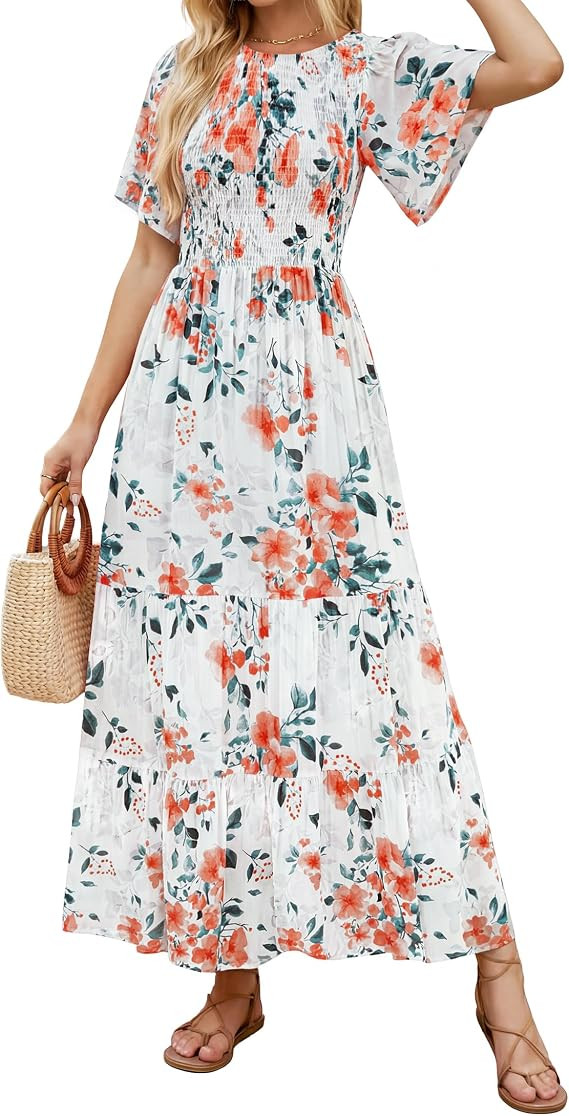 ZESICA Women's 2026 Summer Boho Floral Maxi Dresses Casual Short Flutter Sleeve Smocked Tiered Fl... | Amazon (US)