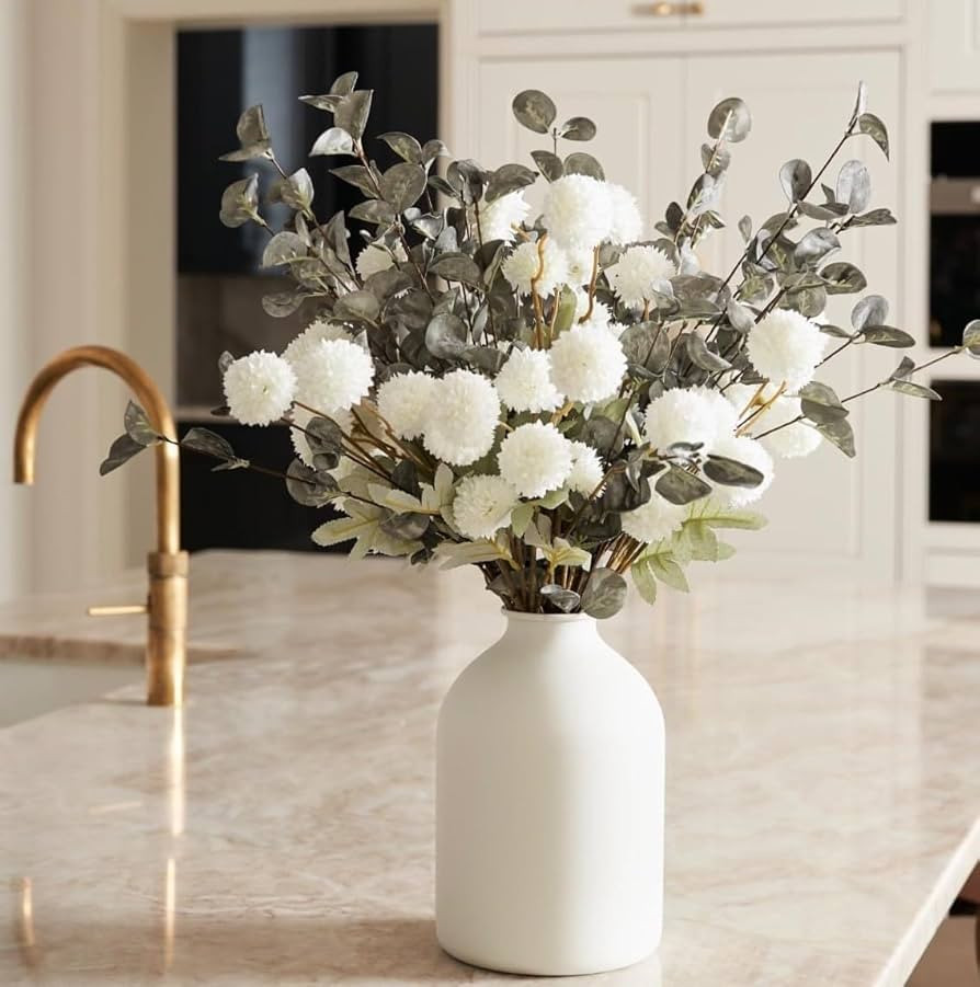 RyddeligHome Faux Kiku Flower White - 10 Stems &18 Eucalyptus Stems, Small Mini Chrysanthemum Flo... | Amazon (US)