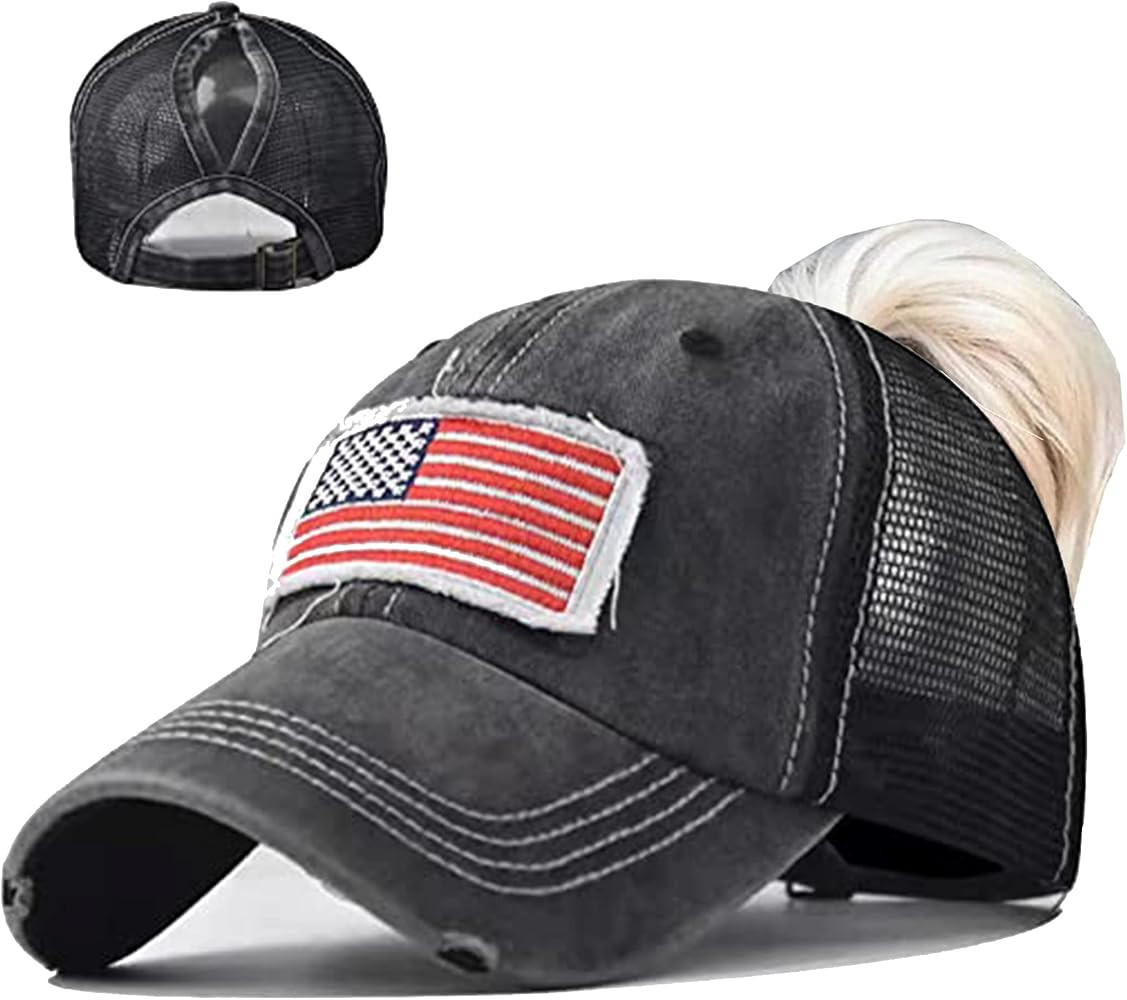 UTOWO Women Baseball-Caps Distressed-American-Flag Ponytail-High-Bun Trucker Dad-Hats | Amazon (US)