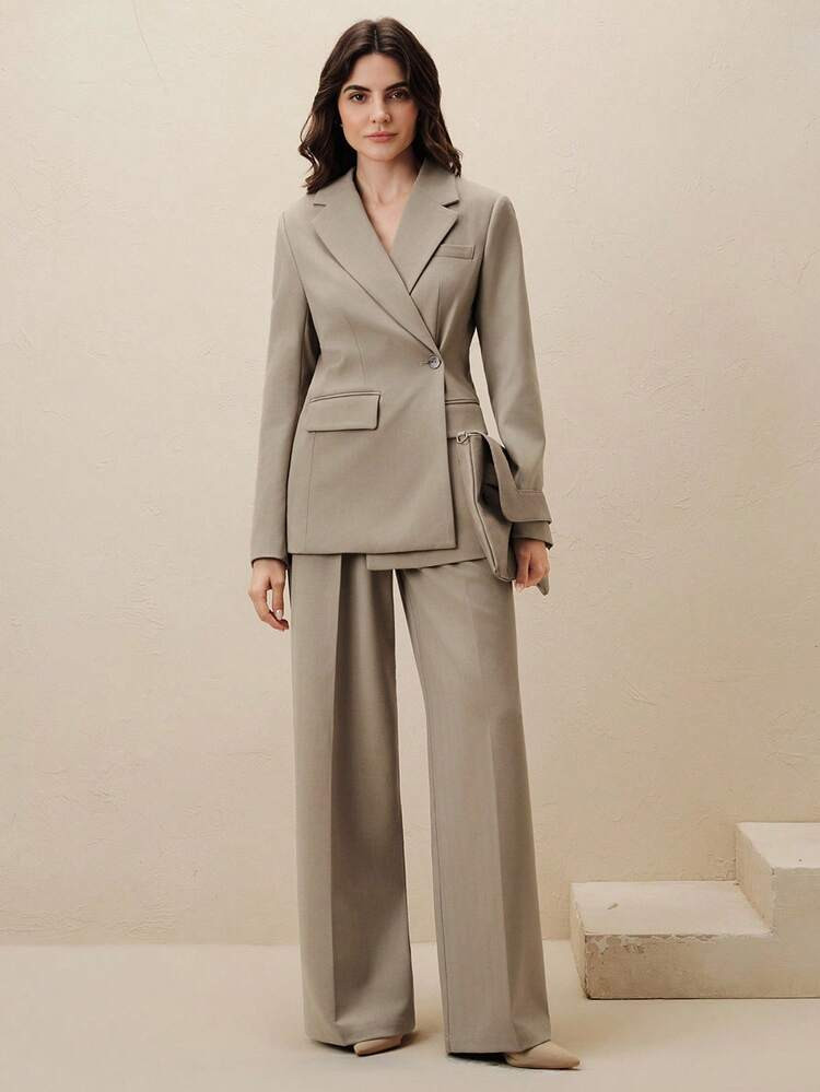 Anewsta New Autumn Women's Suit Set For Teacher's Day, Striped Lapel Asymmetrical Button Design Shell Decor Long Sleeve Blazer + High Waist Straight Leg Pants | SHEIN