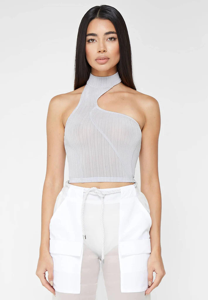 High Neck Sheer Asymmetric Crop Top - Grey | Maniere De Voir