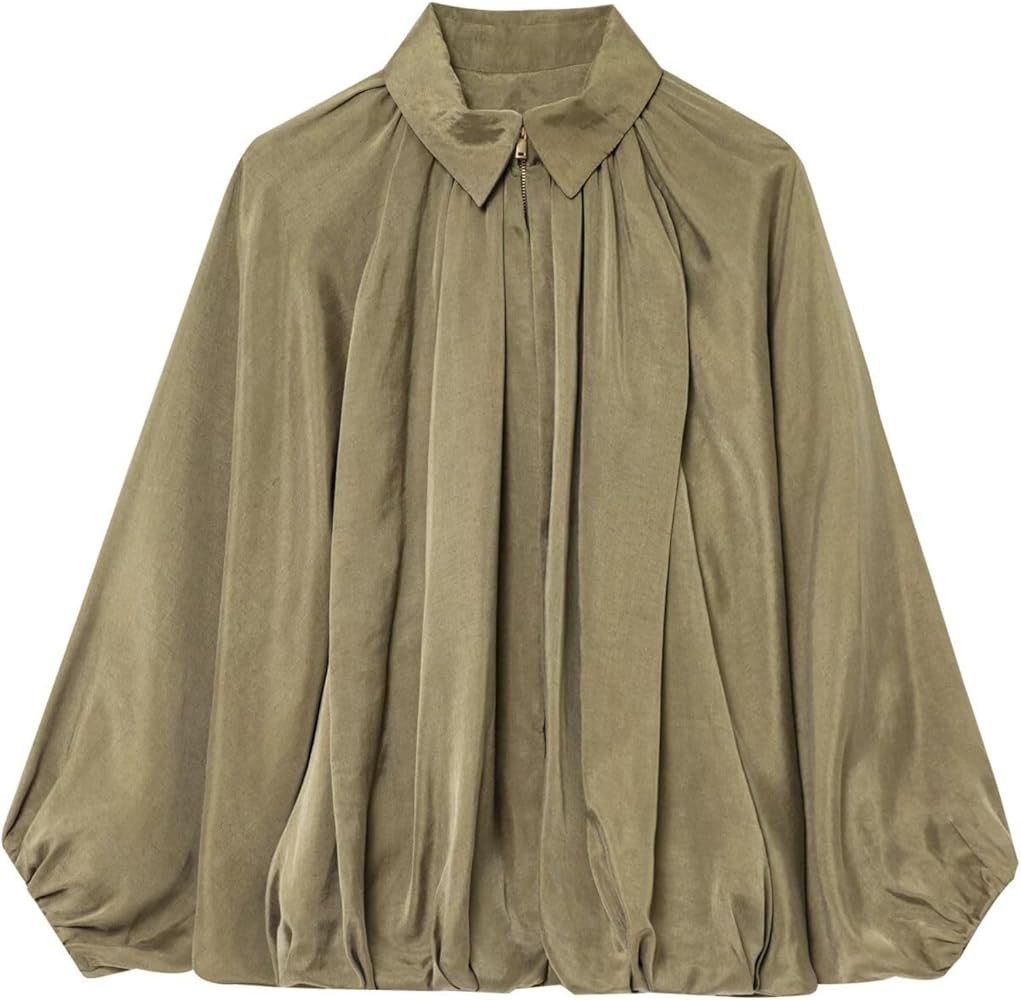 FindThy Women’s Puffed Bomber Jacket Trendy Lapel Collar Long Batwing Sleeve Front Zip Oversize... | Amazon (US)