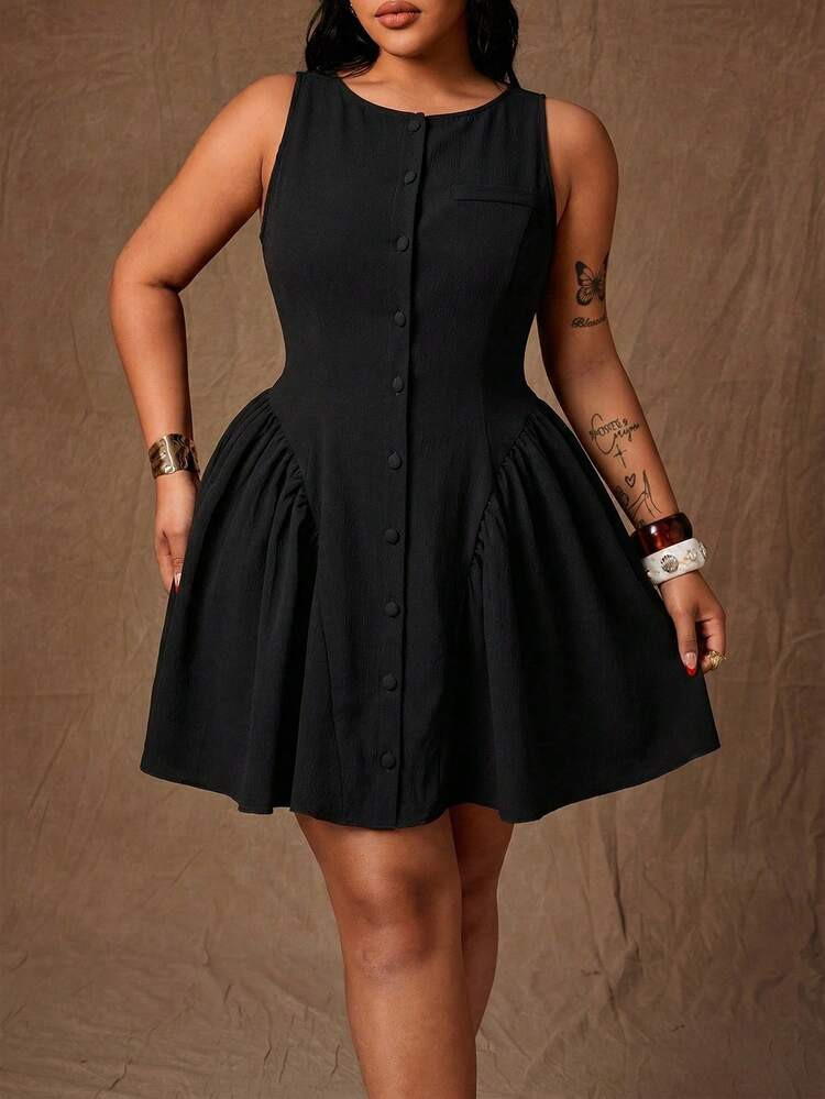 Rustia Plus Size Women's Black Button Decorated Ruffle Hem Sleeveless Mini Dress, Suitable For Wo... | SHEIN