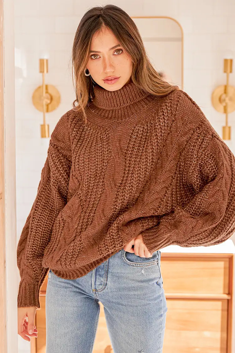 Oh What a Feeling Heather Brown Cable Knit Turtleneck Sweater | Lulus (US)