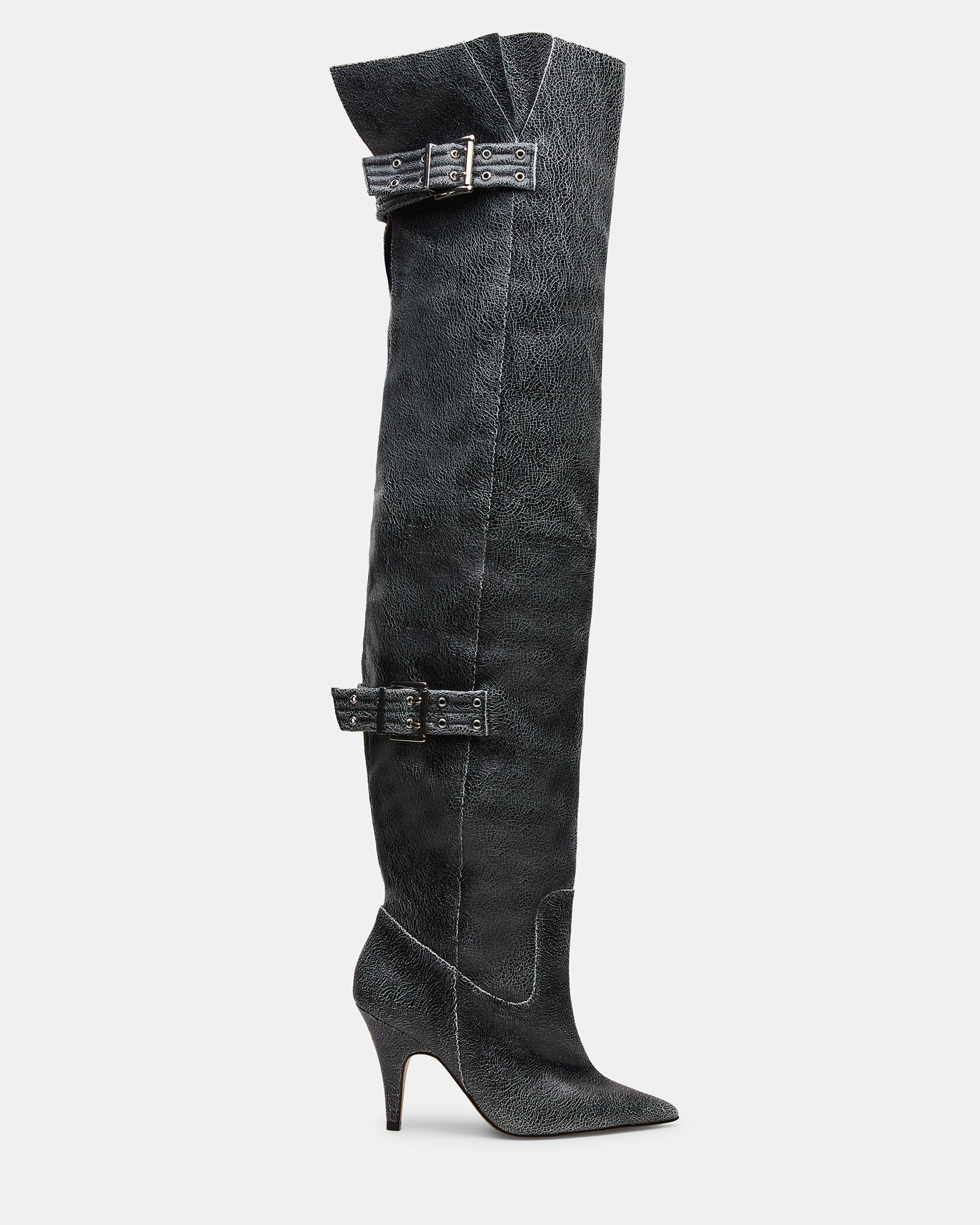 BADDIE Black Distressed Over-The-Knee Moto Women's Boot | Steve Madden (US)