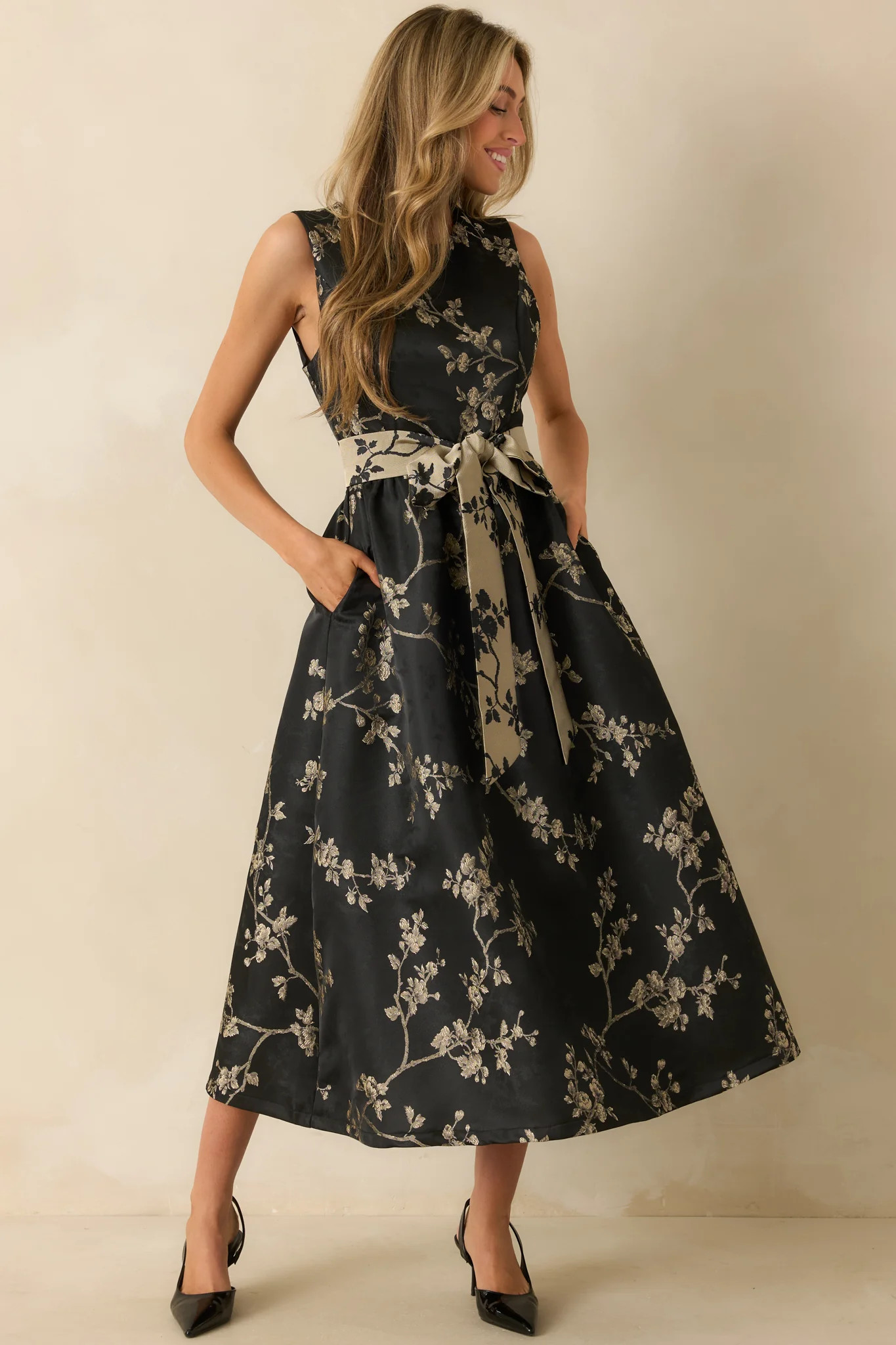 The Way She Blooms Black Floral Jacquard Bow Belt Maxi Dress | Red Dress