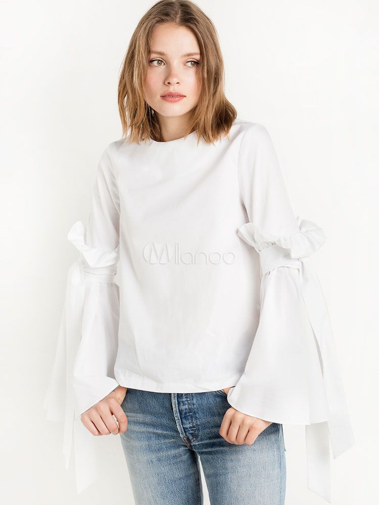 Women White Blouse Ruffle Lace Up Pleated Women Spring Top | Milanoo