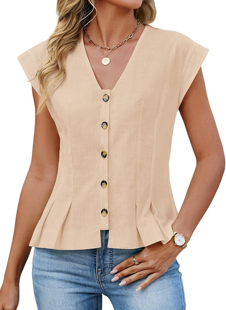 Womens V Neck Crop Tank Tops Cap Sleeve Spring Summer Blouse Button Down Shirts Going Out Vests T... | Amazon (US)