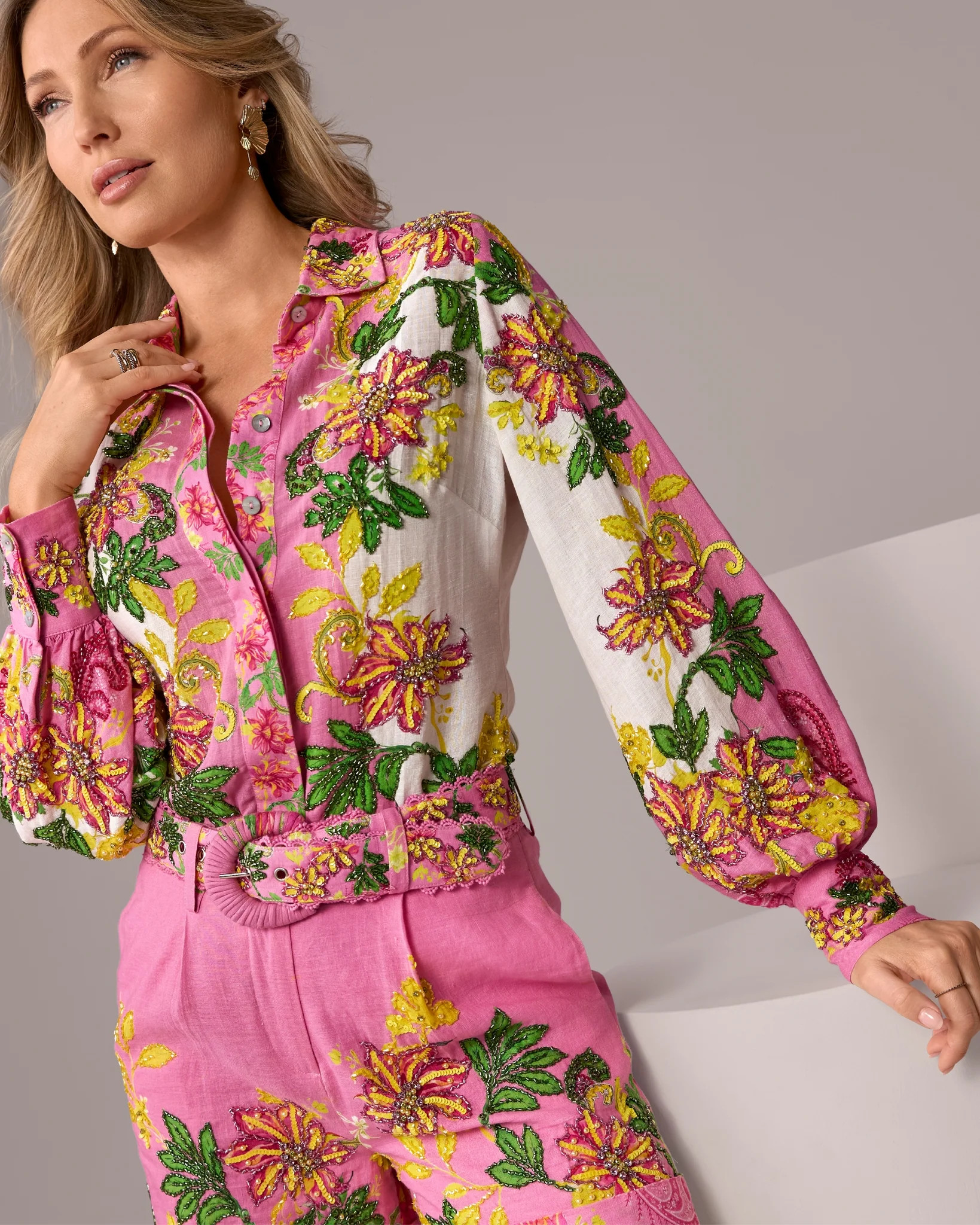 Printed Linen Embellished Shirt Embellished Garden | Boston Proper