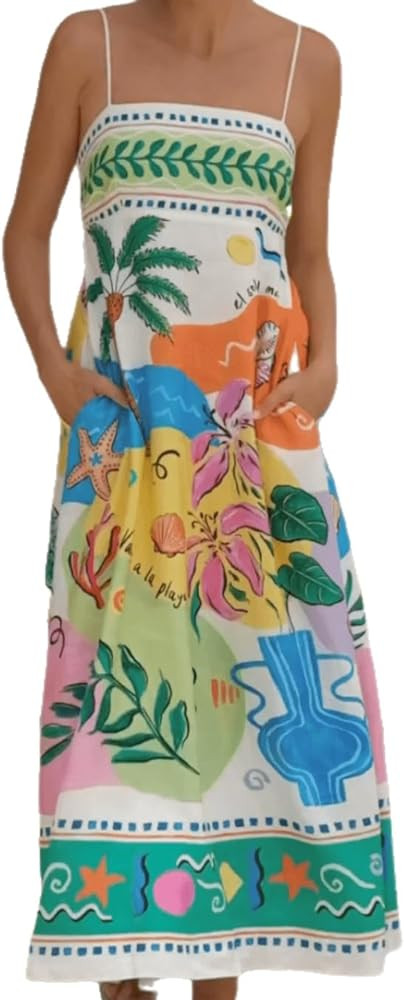 Chvity Women Sleeveless Backless Maxi Dress Graphic Printing Beach Dress Adjustable Spaghetti Flo... | Amazon (US)