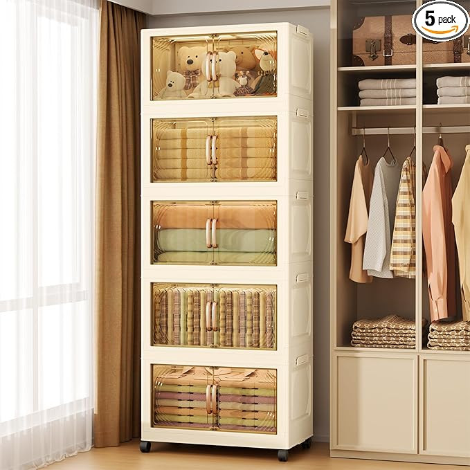 102QT Plastic 5 Tier Storage Bins with Lids,Folding Storage Box with Doors and Wheels Stackable S... | Amazon (US)