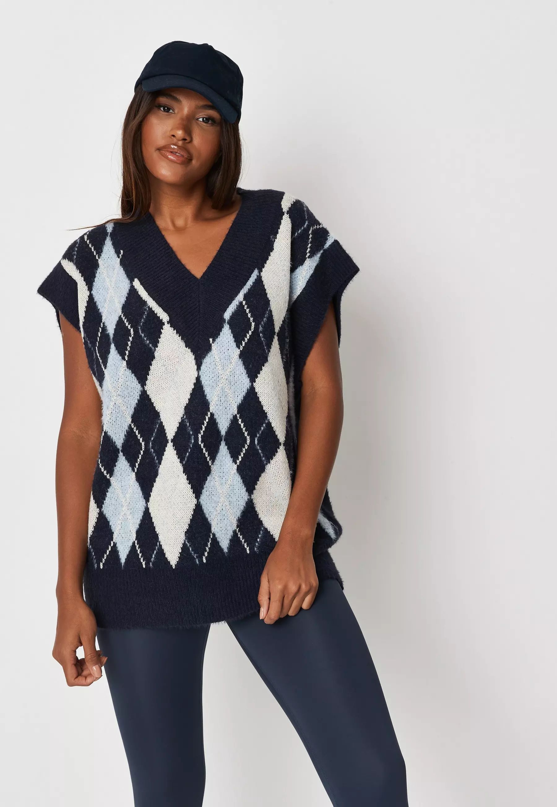 Missguided - Petite Blue Argyle Knit Tank Sweater | Missguided (US & CA)