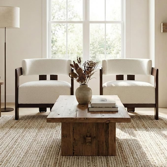 Beige Barrel Accent Chairs Set of 2, Cozy Upholstered Living Room Chair for Bedroom, Walnut Wood ... | Amazon (US)