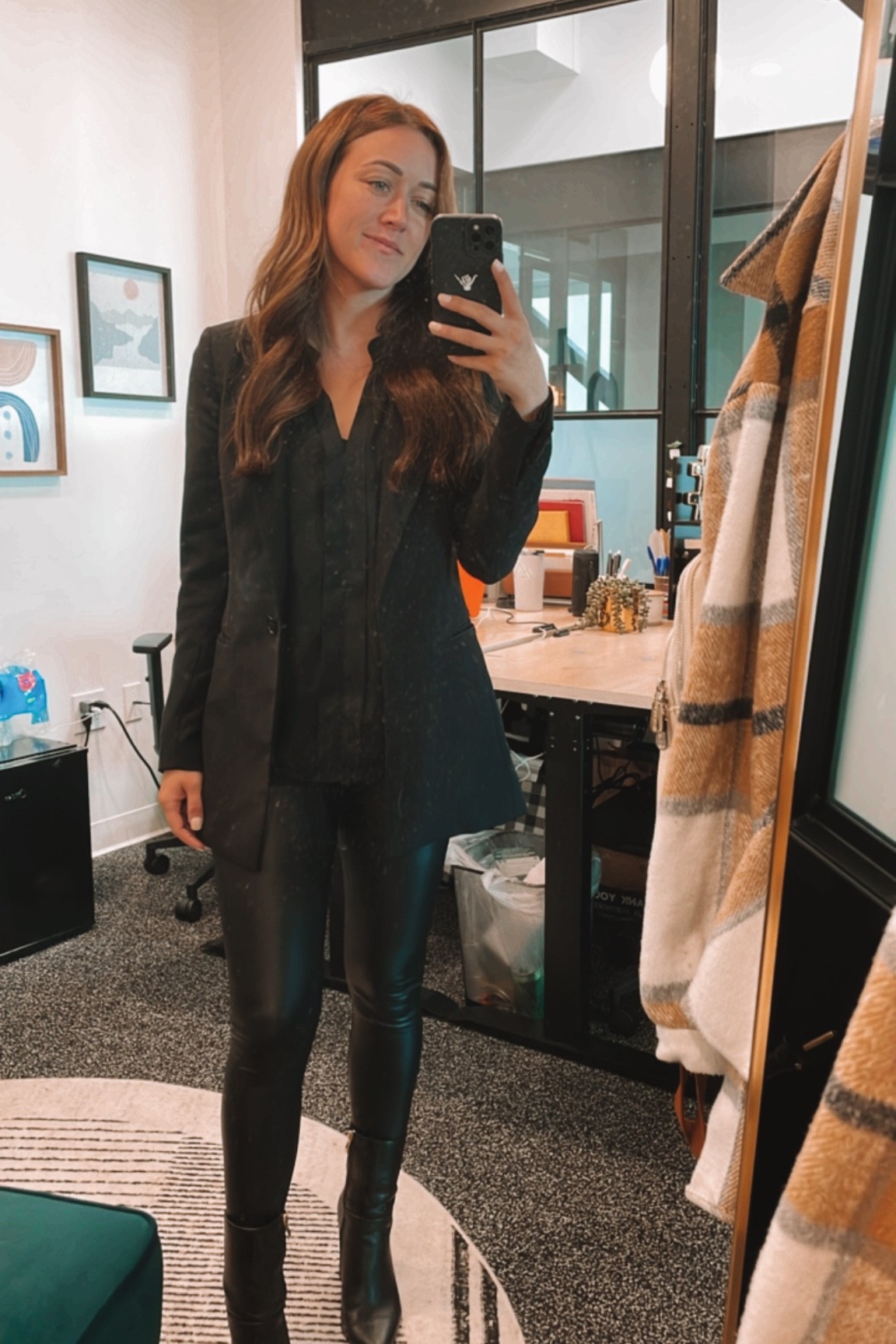 All black outfit. Black leather leggings, black loose short sleeve blouse, black fitted blazer and black lulu ankle booties.

#LTKstyletip #LTKSeasonal #LTKunder50