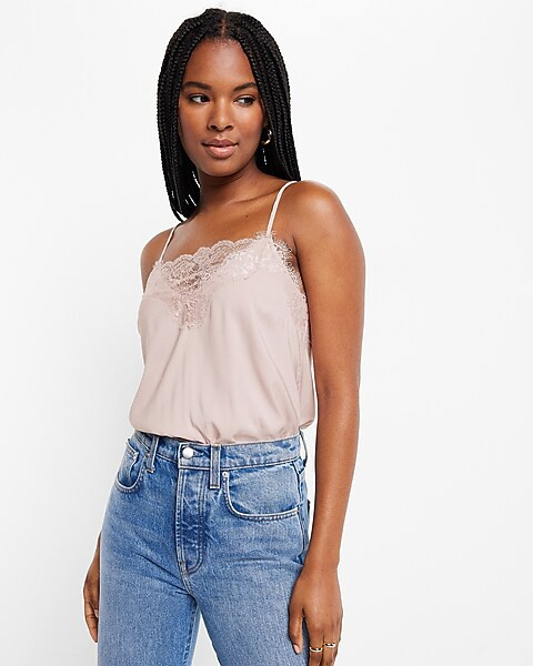 Lace Trim Satin Cami Thong Bodysuit | Express