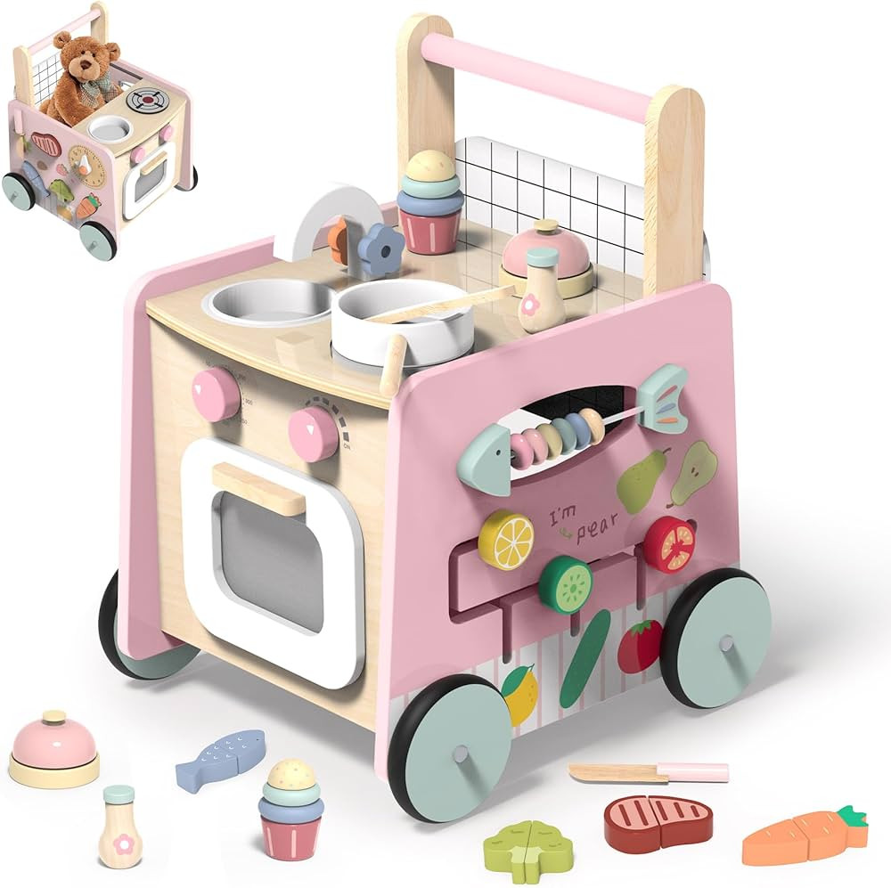 Wooden Baby Walker 9-in-1 Activity Center with Toddlers Montessori Sensory Toys and Play Kitchen ... | Amazon (US)