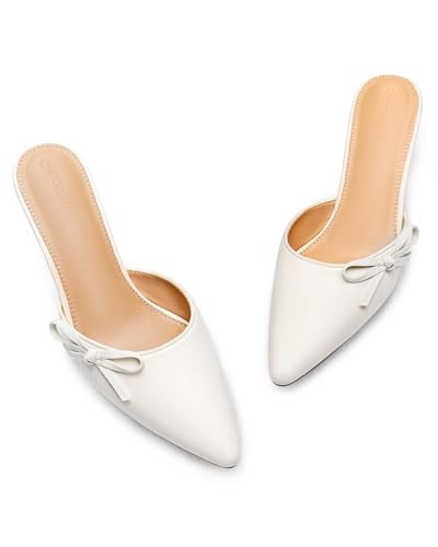 Coutgo Womens Kitten Heels Bow Tie Mules Two Tone Closed Pointed Toe Slip On Backless Wedding Dress Shoes Pumps, Off White, Size 6.5 | Amazon (US)