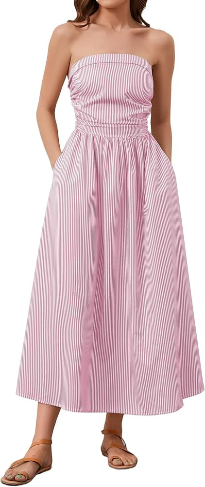 Striped Strapless Maxi Dress for Women Sleeveless Flowy Long Dress Summer Casual Tube Dress with ... | Amazon (US)