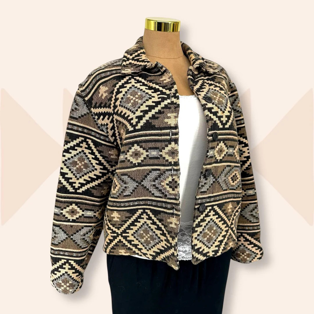 Vintage 90s Chico's Design Jacket Sz 2 (L/XL) Cotton Woven Tapestry Southwestern Geometric Patter... | Etsy (US)