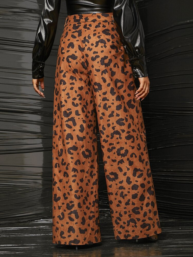 SHEIN Leopard Print Belted Corduroy Wide Leg Pants | SHEIN