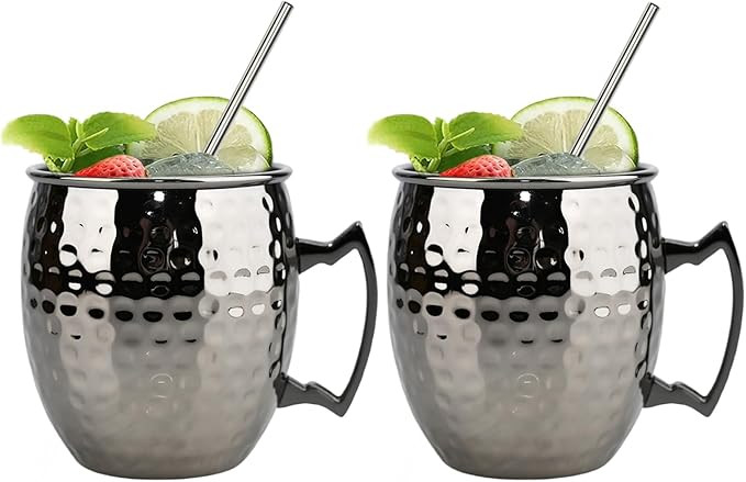 TJ Moscow Mule Mugs Set of 2, Black Hammered Mule Cup 17 oz, Stainless Steel Lining Brass Handles... | Amazon (US)