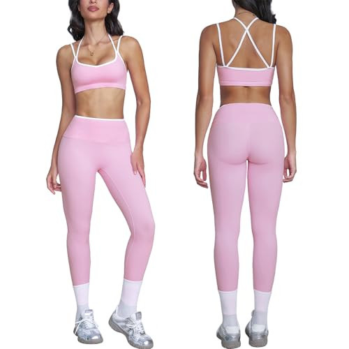 ABOCIW Workout Sets for Women 2 Piece Gym Set Color Block Strappy Sports Bra High Waist Tummy Control Leggings Yoga Pilates Outfits Athletic Work Out Clothes Pink Large | Amazon (US)