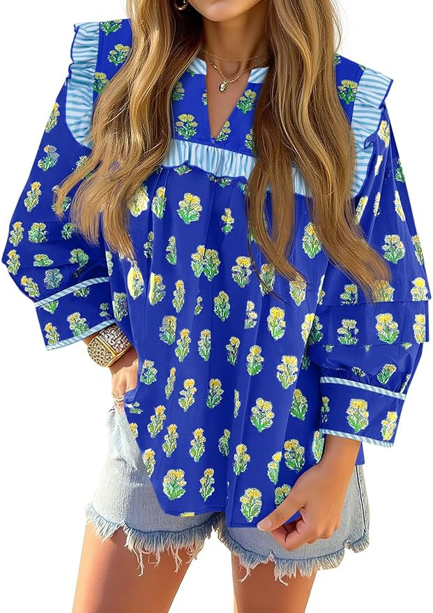 Tankaneo Womens Floral Babydoll Blouse Puff Sleeve Peplum Tops Casual Ruffle V Neck Flowy Boho Cu... | Amazon (US)