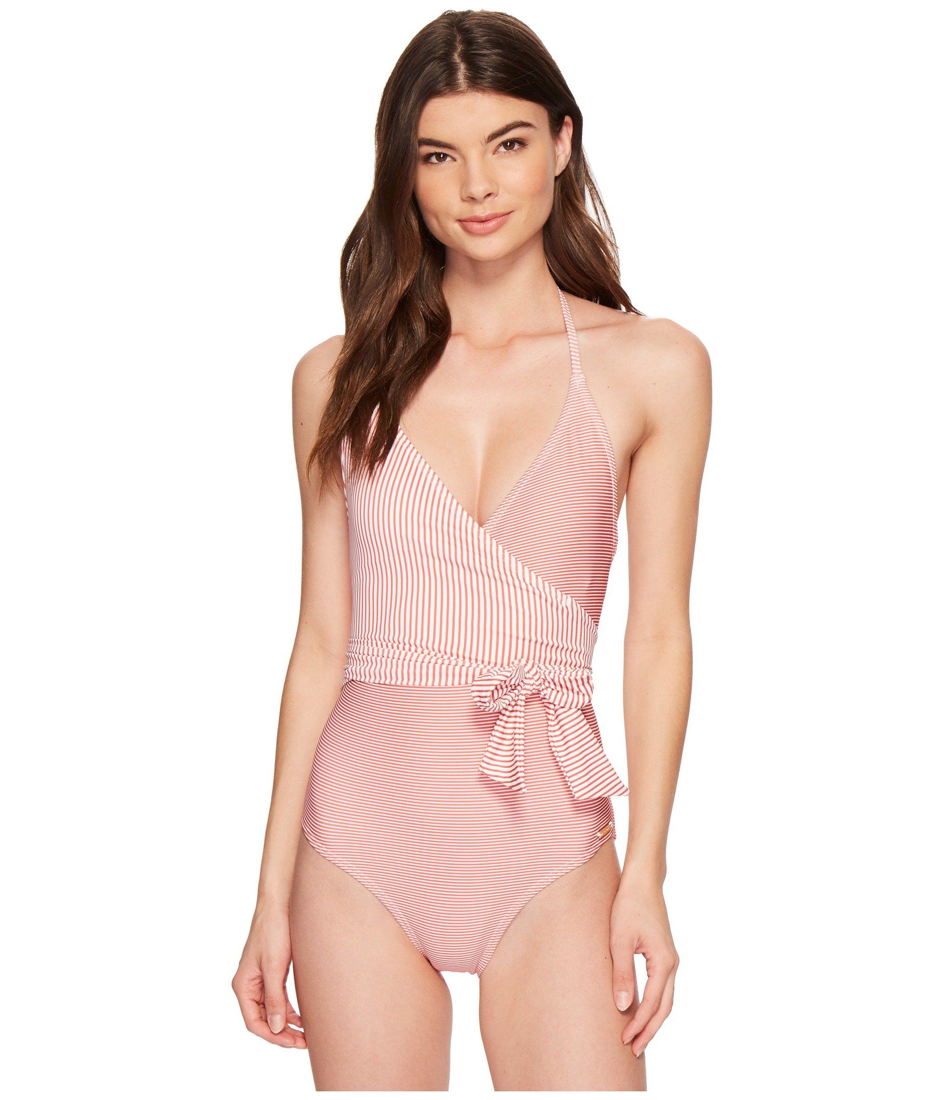 Vince Camuto Sailor Stripe V-Neck Wrap Tie One-Piece Swimsuit w/ Removable Soft Cups | Zappos