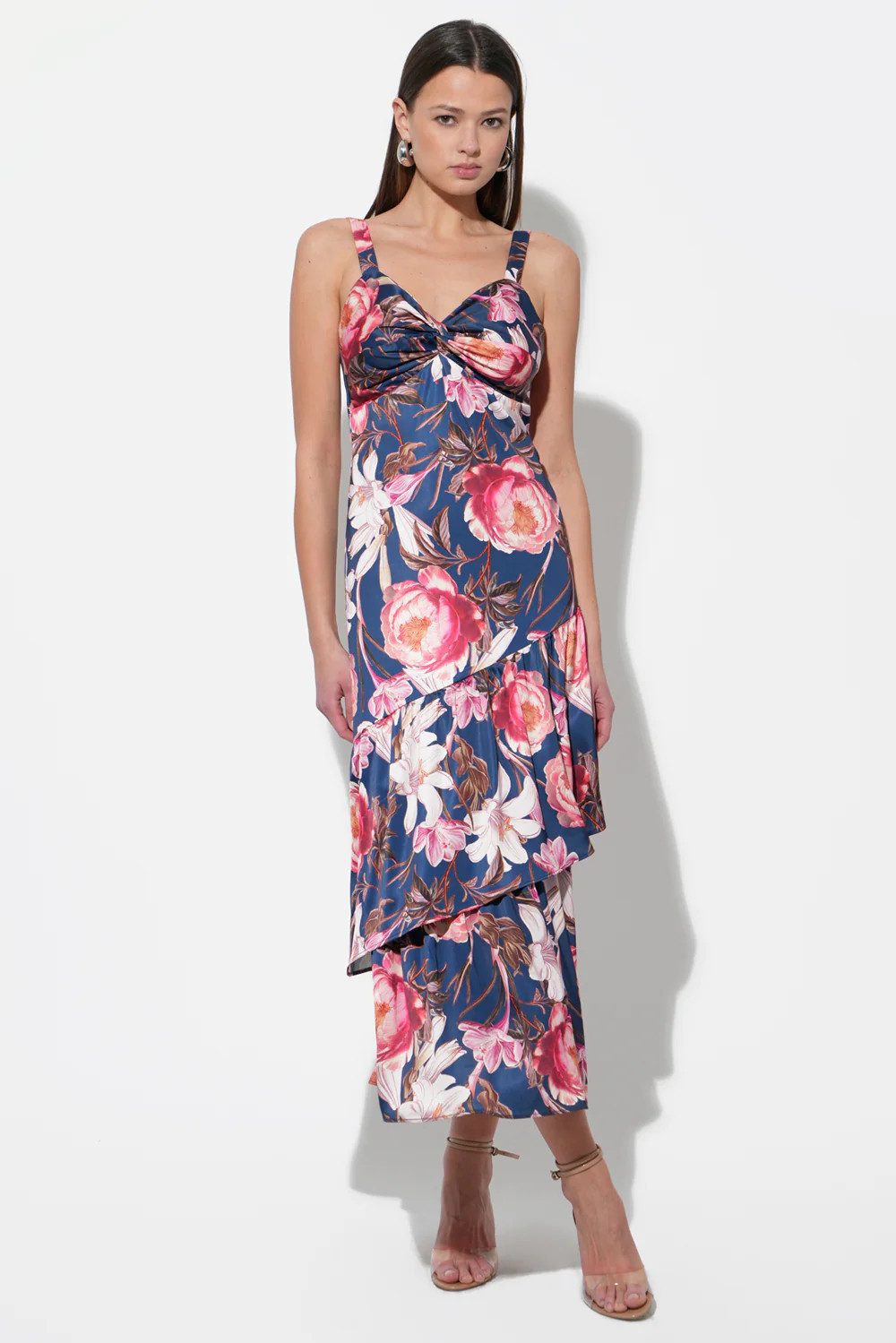 Dione Ruffled Tiered Midi Dress L / NAVY | Adelyn Rae