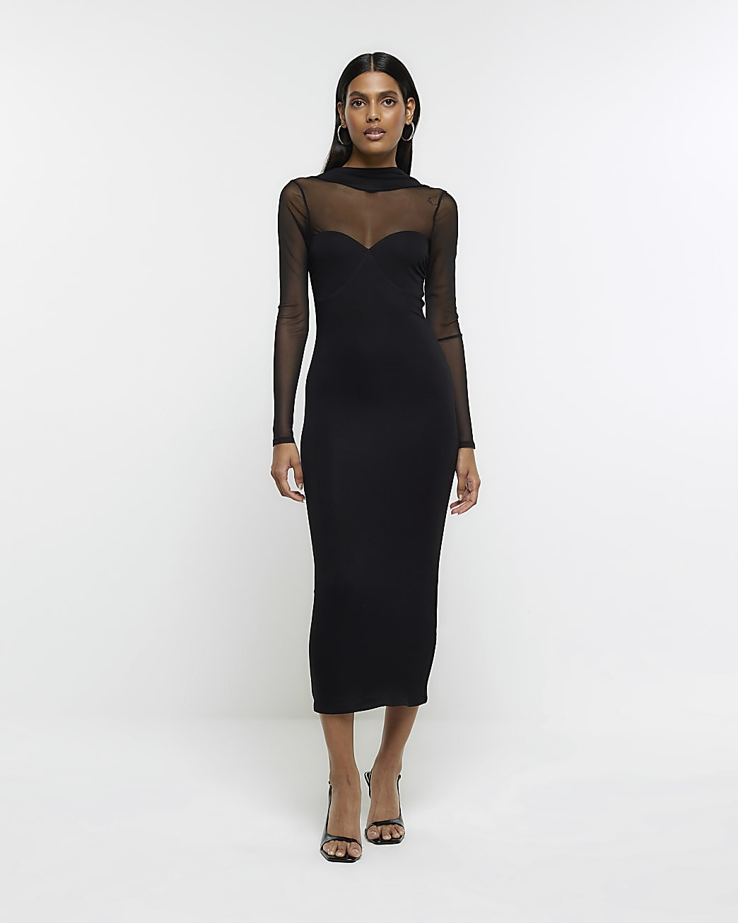 Black Mesh Mix Choker Midi Dress | River Island (US)