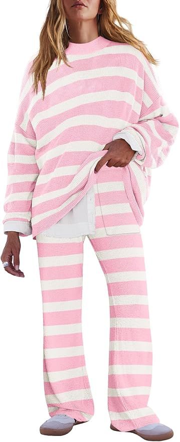 LAMISSCHE Oversized Womens Lounge Set Striped Sweater Set Long Sleeve 2 Piece Pajama Set Top and ... | Amazon (US)