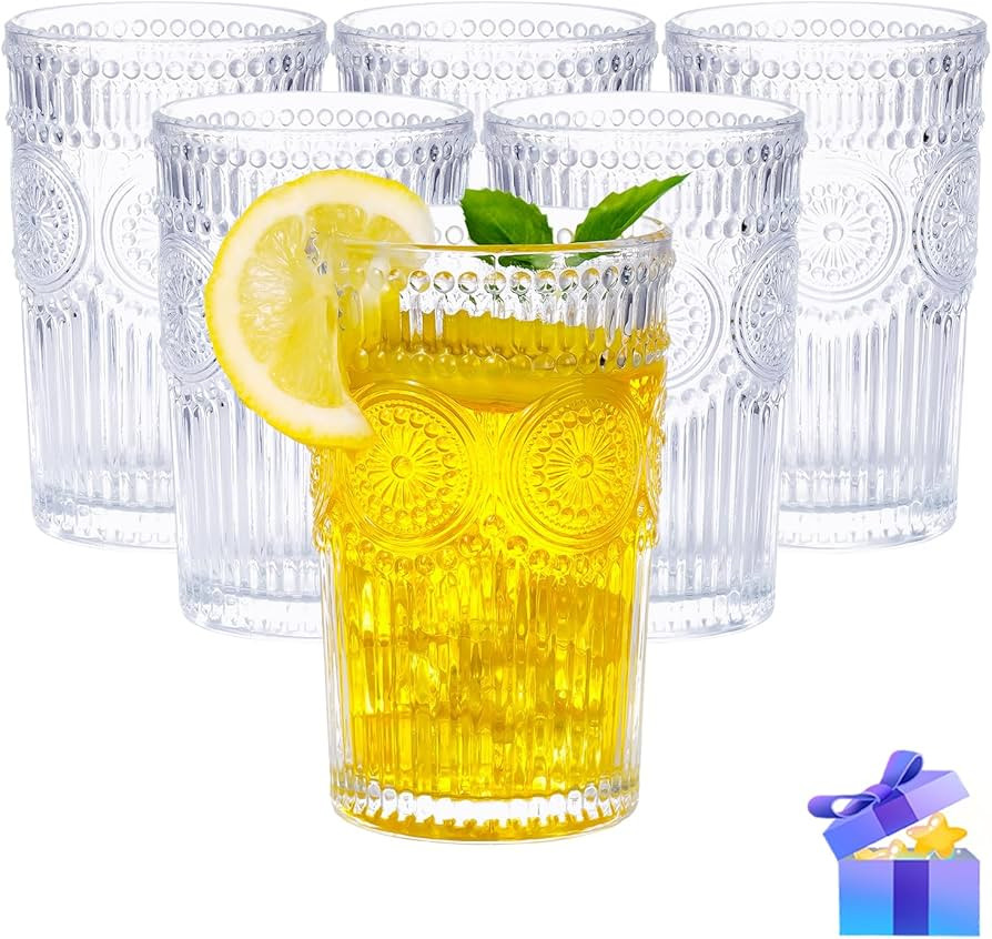 Vintage Glassware Romantic Drinking Glasses - 12 oz Cocktail Glasses Set of 6 Embossed Water Glas... | Amazon (US)
